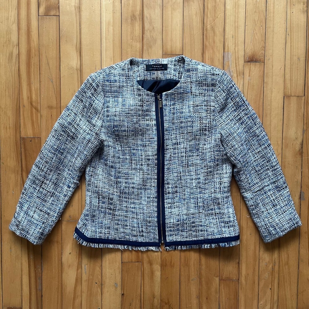 TAHARI ARTHUR S LEVINE Women's Tweed Blazer Jacket Blue White Black Zip Size 10